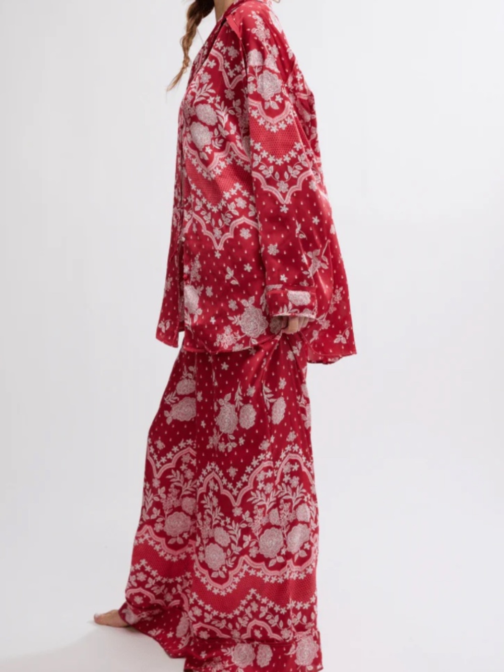 Free People Dreamy Days Pajama Set Red Floral Button Top Wide Leg Pants